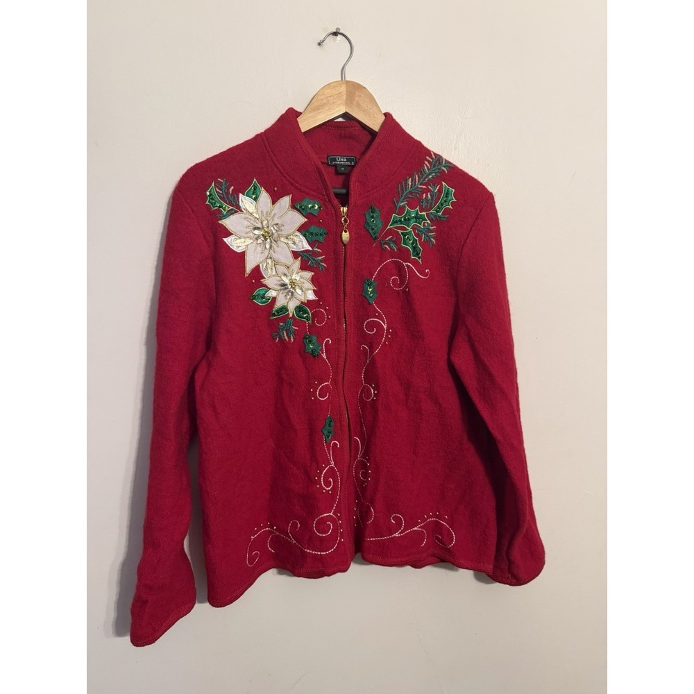 Lisa International Vintage Women's Red Wool Flower Embroidered Cardigan Size M